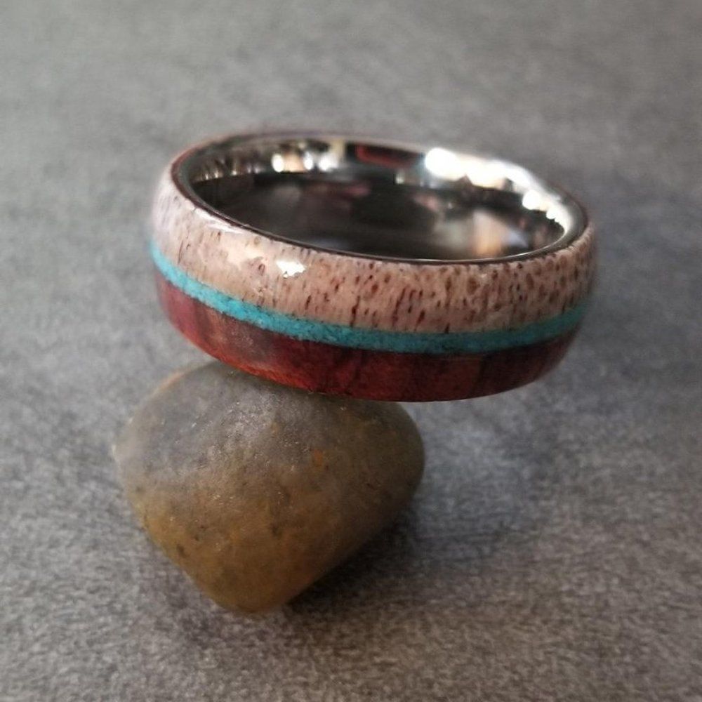 Men's Real Tungsten Wedding Ring With Deer Antler, Turquoise and Wood Onlays - Picture 4 of 4